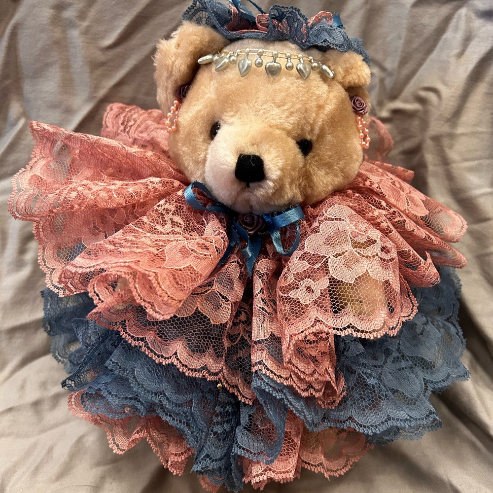 Charming Vintage Lace Teddy Bear in Peach and Slate